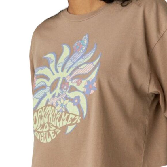 New! Daydreamer Women's Peace Sun Boxy Short Sleeve Crop Tee Taupe Tan XS NWT - Picture 14 of 16